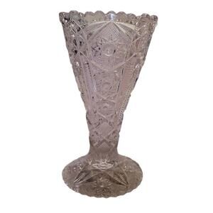 Vintage Pressed Crystal Glass Vase 6" Starburst Pattern Scalloped Edge Clear GUC